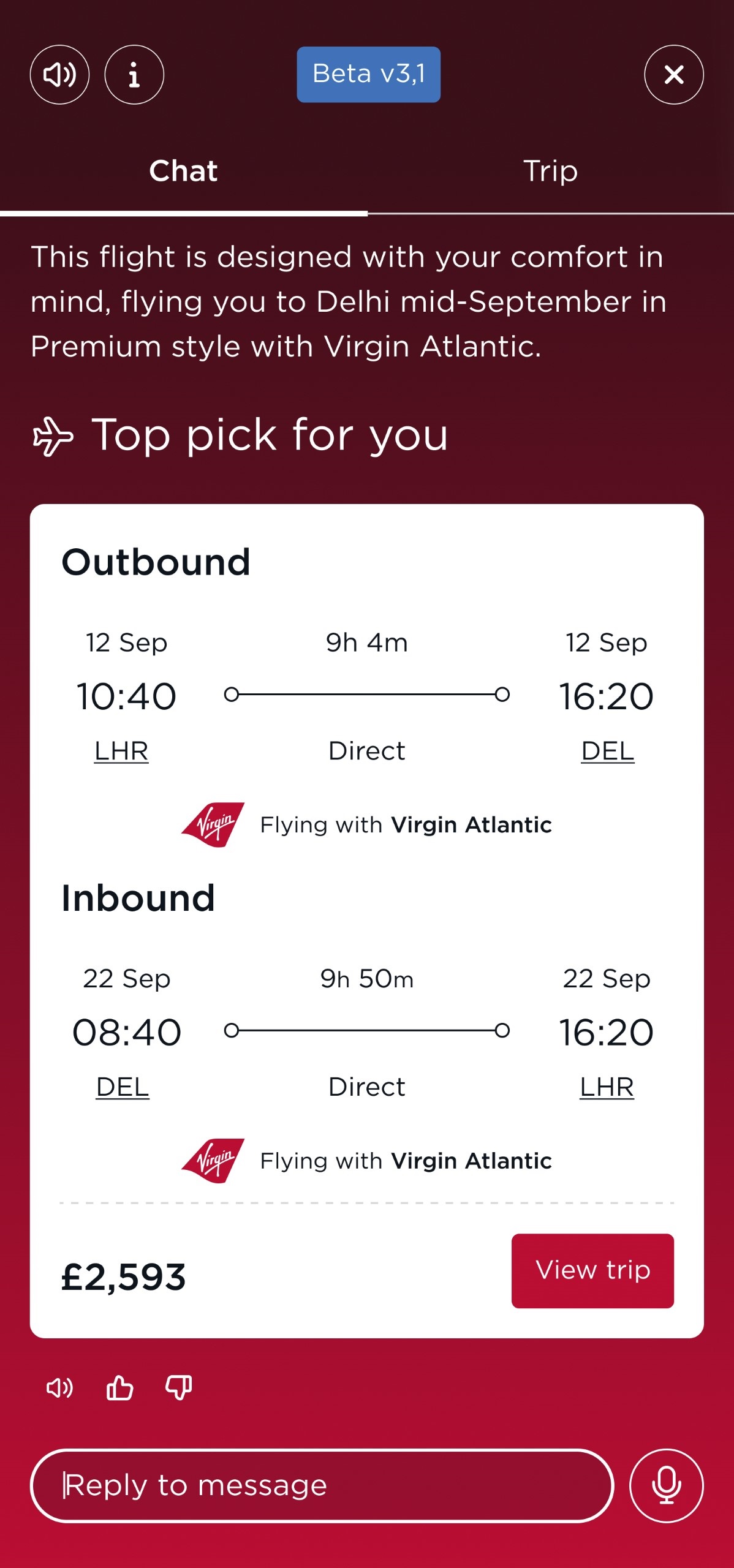 A screengrab of the Virgin Atlantic Concierge suggesting a flight to a customer, based on their preferences