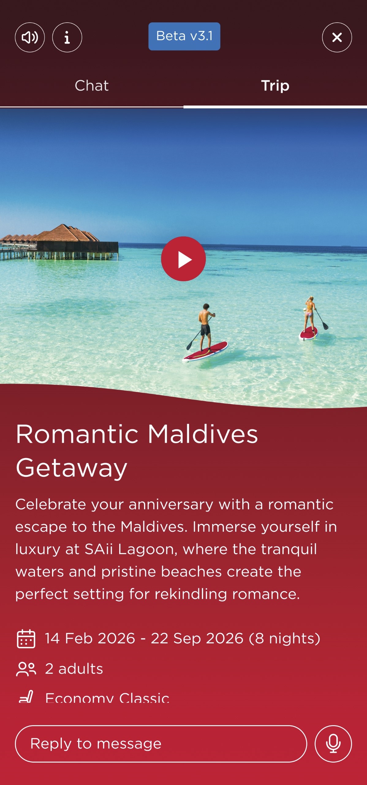 A screengrab of the Virgin Atlantic Concierge suggesting a tailored holiday package to the Maldives for a customers anniversary