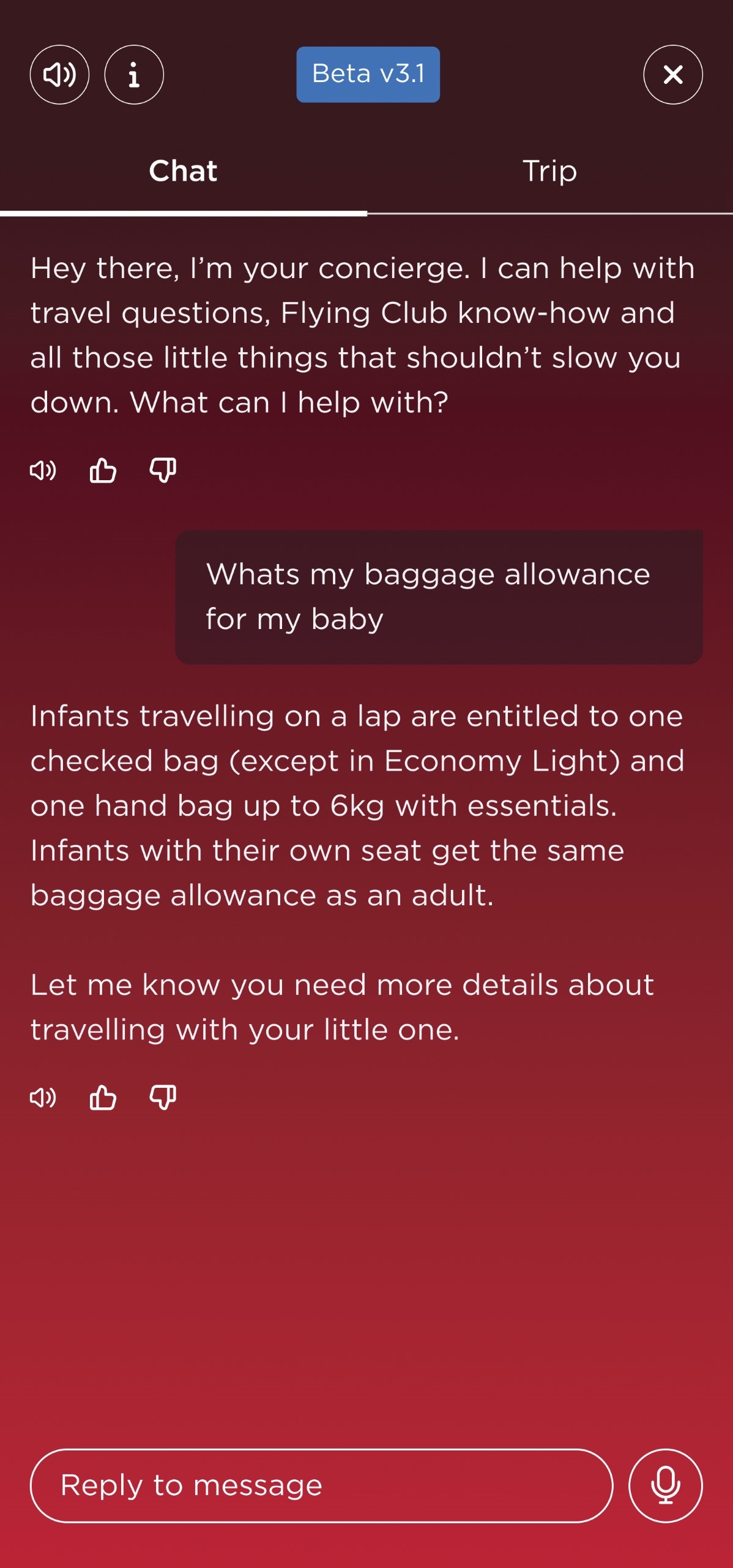 A screengrab of the Virgin Atlantic Concierge assisting a customer with a query around baggage allowance for infants